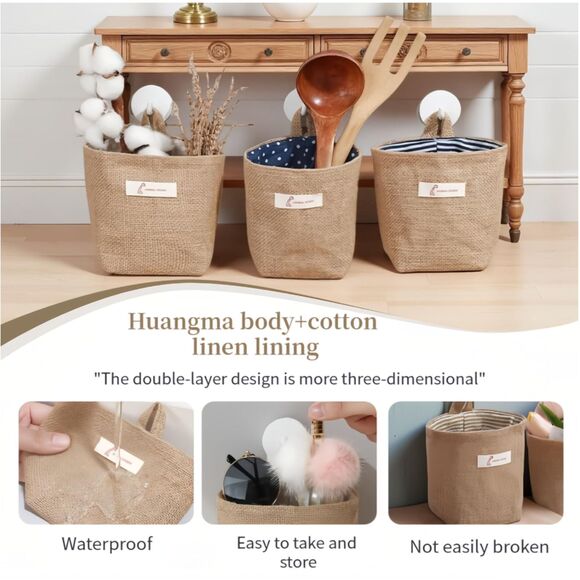 Collapsible Burlap Cotton Linen Hanging Storage Basket 4-Pack - Picture 6 of 6